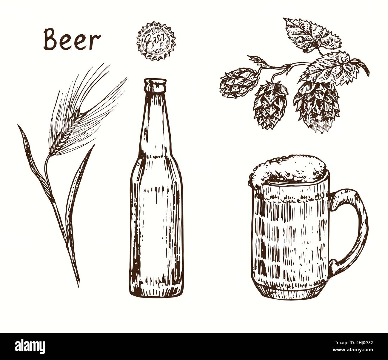 Pianta d'orzo, berretto e bottiglia di birra, branca di luppolo e tazza di vetro con birra. Disegno a losco bianco e nero in stile legno. Foto Stock