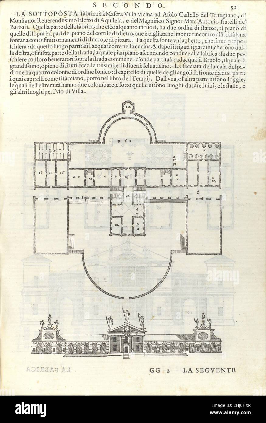 Villa Barbaro, dai quattro libri dell'architettura di Andrea Palladio (Libro 2, pag. 51) 1570 Andrea Palladio una delle opere architettoniche del Palladio, la Villa Barbaro (1557-58) si affaccia sui terreni agricoli vicino Asolo e Vicenza. La villa ha una composizione allungata costituita da un'ala centrale con vari padiglioni laterali e cortili, incorporando così caratteristiche del tipico casale veneta (fienili, colombi). Come tale, dimostra la versatilità di Palladio nello sviluppo di una gamma di modelli per ville d'ispirazione classica e la sua capacità di incorporare le specia di ogni cliente Foto Stock