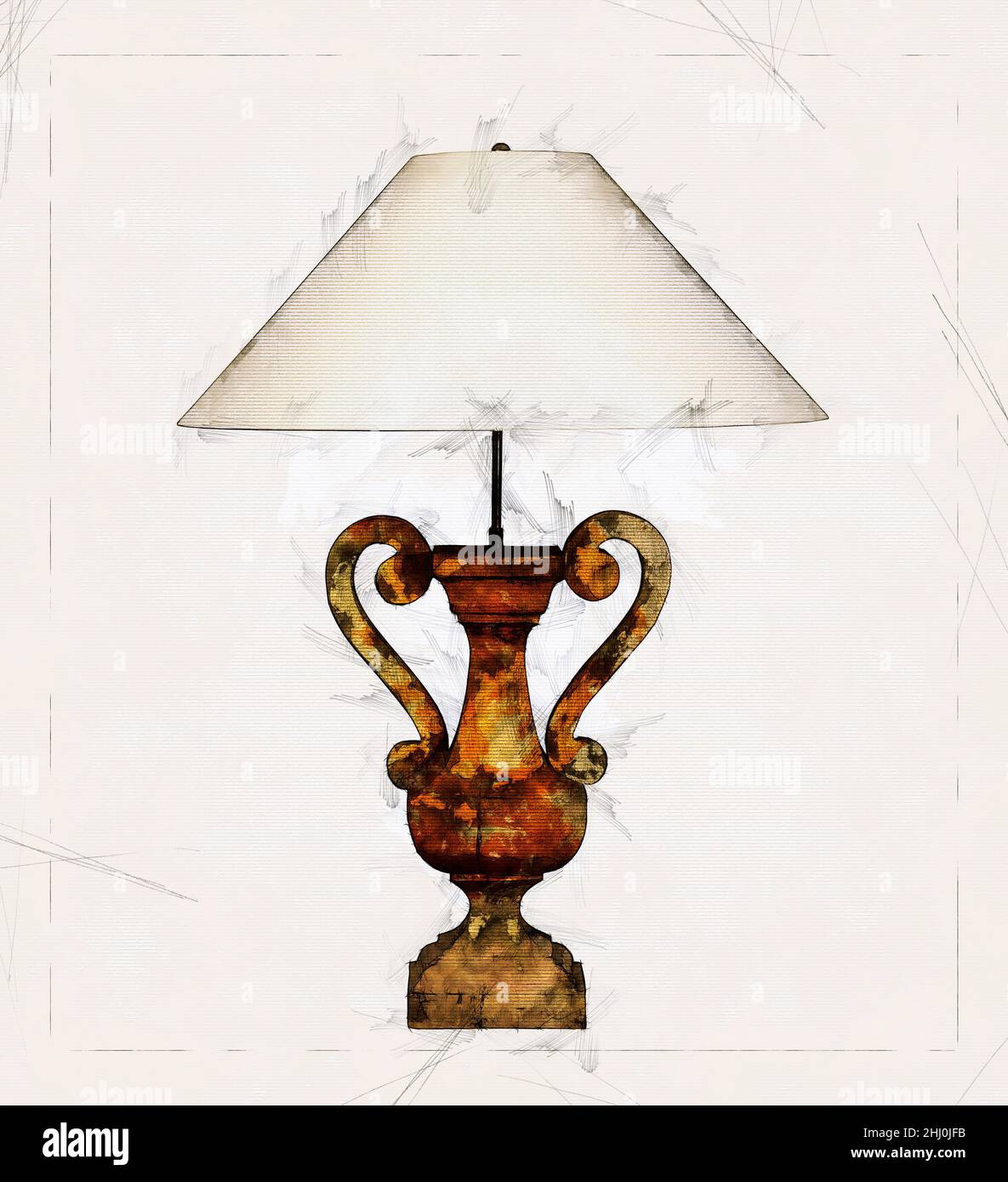 Illustrazione disegno di una lampada in legno da tavolo Vintage e retro Foto Stock
