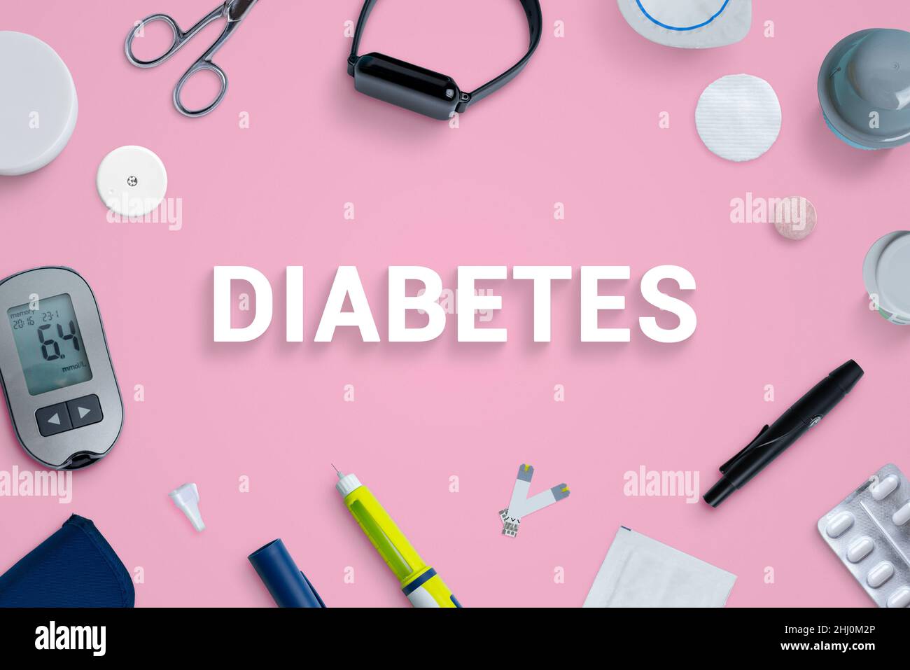 Composizione a posa piatta con vista dall'alto del diabete con testo circondato da strumenti e materiali di consumo Foto Stock Composizione a posa piatta con vista dall'alto del diabete con testo circondato da strumenti e materiali di consumo Foto Stock