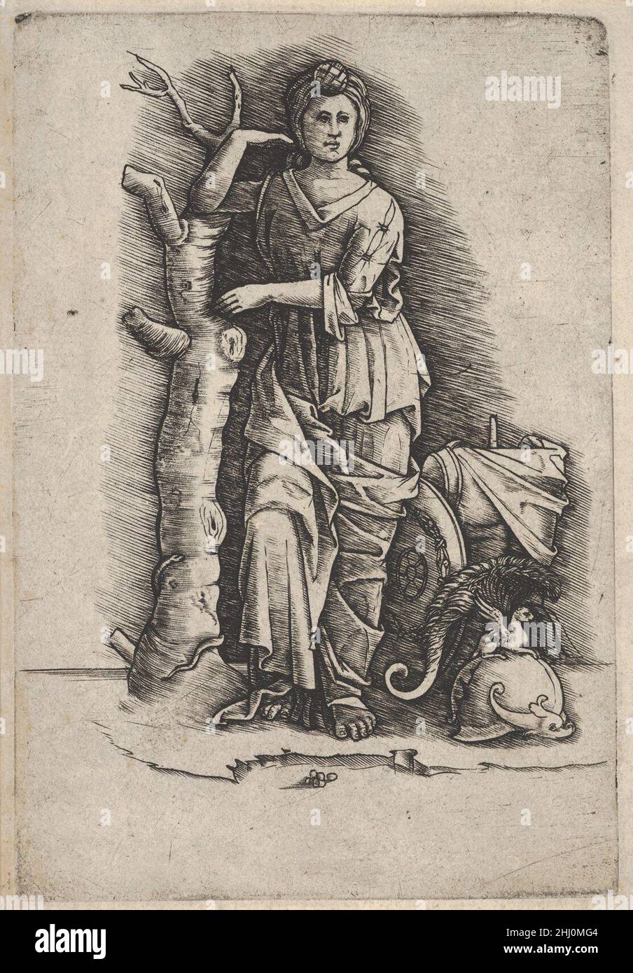 Vittoria o Minerva, casco sul gruud a destra CA0 1500–1510 attribuito a Nicoletto da Modena italiano. Vittoria o Minerva, casco sul gruud a destra 400834 Foto Stock
