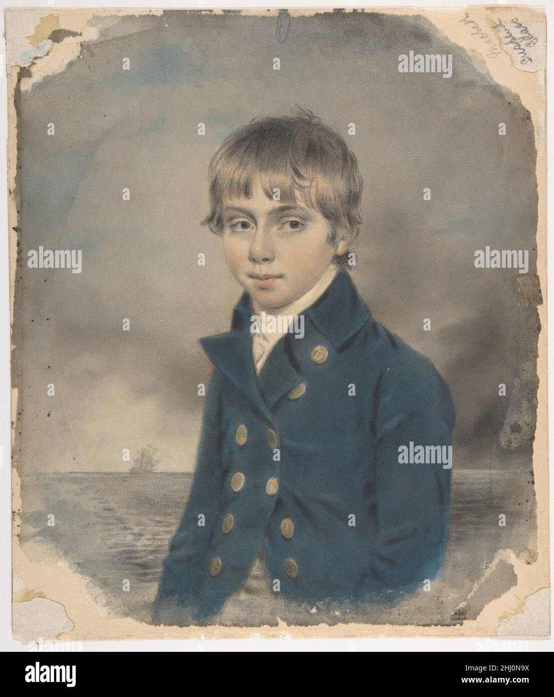 Memento Ritratto di un giovane uomo del Midshipman fine del 18th–inizio del 19th secolo John Downman British, gallese nato a Brooklyn George Dupont Pratt divenne un noto filantropo, collezionista, e incontrò fiduciario, lasciando all'istituzione diversi disegni britannici. In questo lavoro, la giacca blu del giovane soggetto lo identifica come un marinaio nella Royal Navy, una nave lontana che segnala la sua imminente partenza da casa. Il successo di Downman come ritrattista dell'era Regency è il risultato di una tecnica che ha ideato che combinava gessetti e acquerelli, consentendogli di catturare simpaticanti somiglianze e fare più copie di questi ritratti Foto Stock