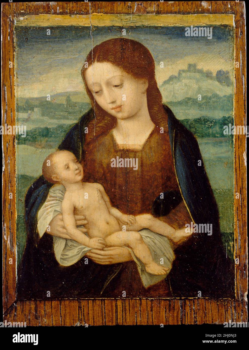 Vergine e Bambino ca. 1525–50 Master of the Femminile Half-lenges Netherlandish questa piccola, tenera immagine della Vergine che teneva suo figlio fu probabilmente prodotta per il mercato aperto, possibilmente per l'esportazione al di là dei Paesi Bassi dove fu creata. La sua connessione con il cerchio di pittori collettivamente noto come il gruppo delle mezze lunghezze femminili colloca l'opera nel contesto della panda di Anversa, un mercato specificamente dedicato alla vendita di arte, la cui popolarità e successo incoraggiarono la produzione di dipinti su speculazione. Anche se la sua posizione è alquanto ambigua in questa immagine, la Vergine sembra Foto Stock