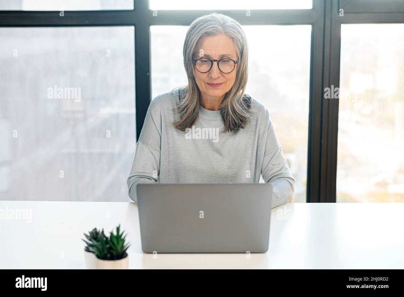 Donna dai capelli grigi, focalizzata e sicura, in occhiali con un computer portatile seduto alla scrivania in ufficio. Donna anziana concentrata che scrive le risposte della posta, messaging in linea, vista anteriore Foto Stock