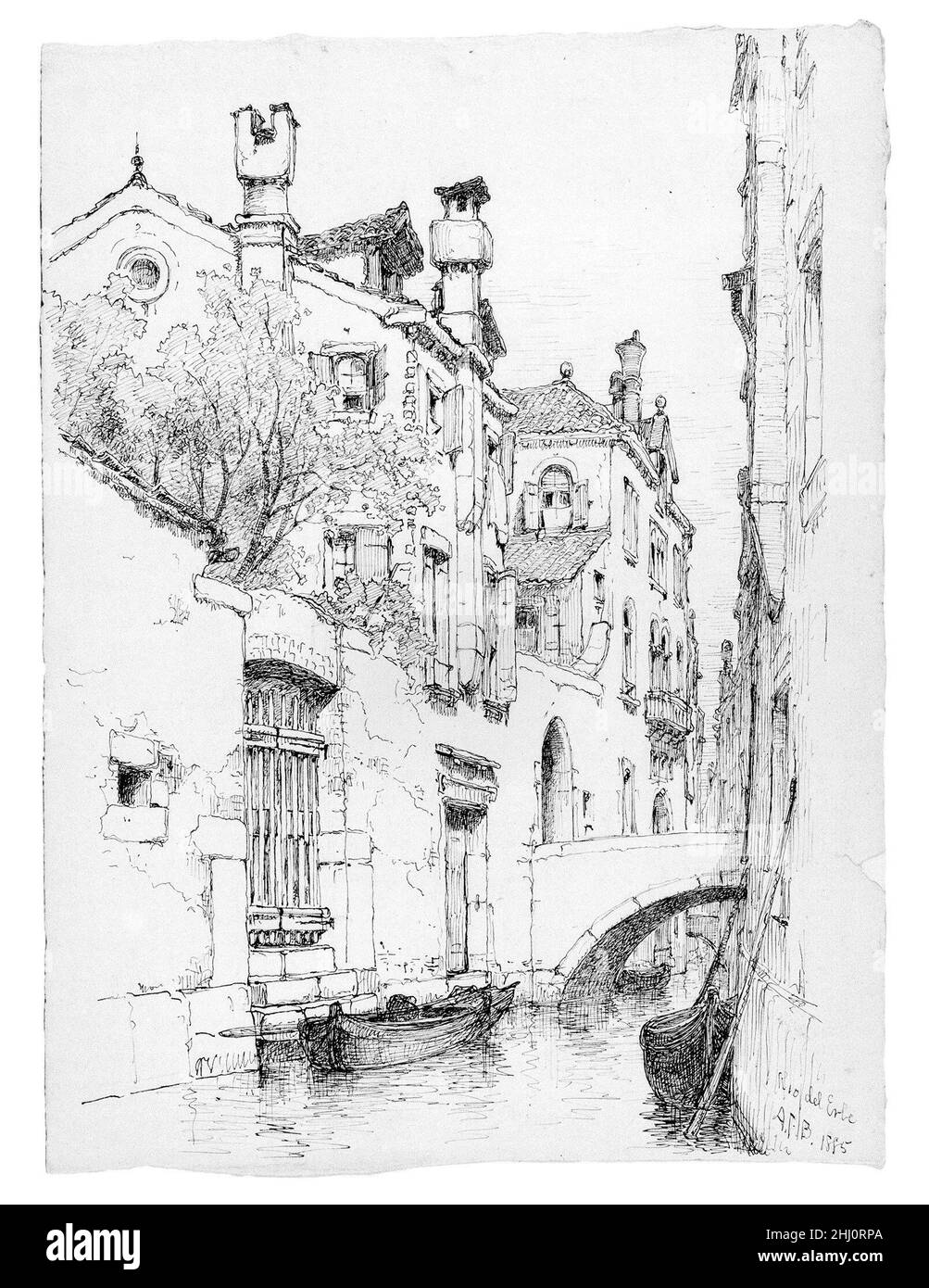 Rio del Erbe, Venezia 1885 Andrew Fisher Bunner. Rio del Erbe, Venezia. Andrew Fisher Bunner (1841-1897). Americano. 1885. Tracce di inchiostro di grafite su carta bianca Foto Stock