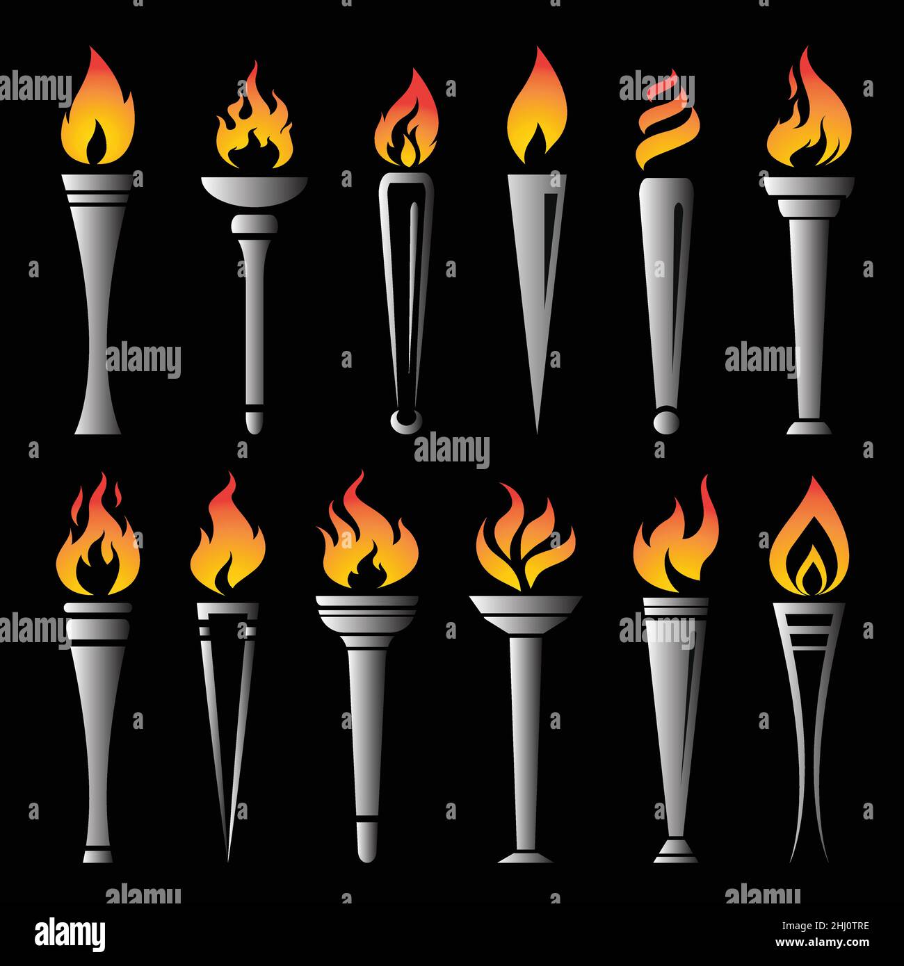 Vettore di fuoco torcia campione di vittoria su sfondo nero. Icone di fiamma impostate. Illustrazione vettoriale a livelli facilmente modificabile. Illustrazione Vettoriale