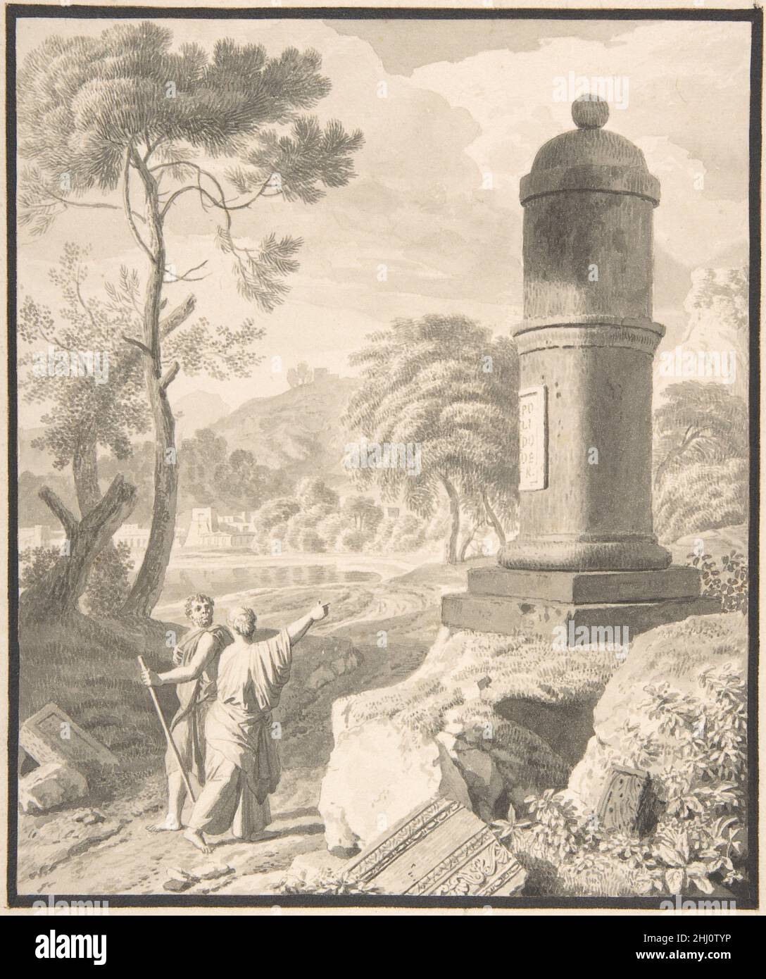 Paesaggio arcadico n.d. Johannes Glauber olandese. Paesaggio arcadico. Johannes Glauber (olandese, 1646–1726). N.d.. Punto di pennello, inchiostro grigio e lavaggio. Disegni Foto Stock