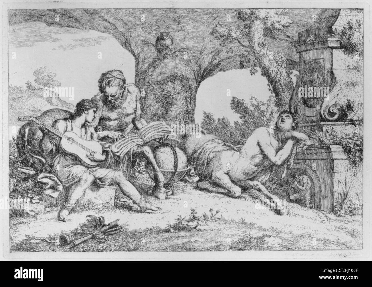 Vari Capricci, e Paesi inventati, e disognati dal celebre Gio. benedetto Castiglione ... ritratti dal raccolta Zanettiana 1758–59, pubblicato 1786 Gaetano Gherardo Zompini Italiano le stampe sono state talvolta attribuite a Zanetti. Una lettera scritta da Francesco Algarotti il 16 gennaio 1759, si congratula con Zanetti per il suo successo nella produzione di incisioni dopo due dei disegni Castiglione di Zanetti alla sua età avanzata. Questi sono la 'Chiron Teaching Music' e 'Chiron Teaching Alchemy. La 'memoria' di Zompini, inserita nell'edizione 1785 della 'Arti che vanno per via', afferma che Zanet Foto Stock
