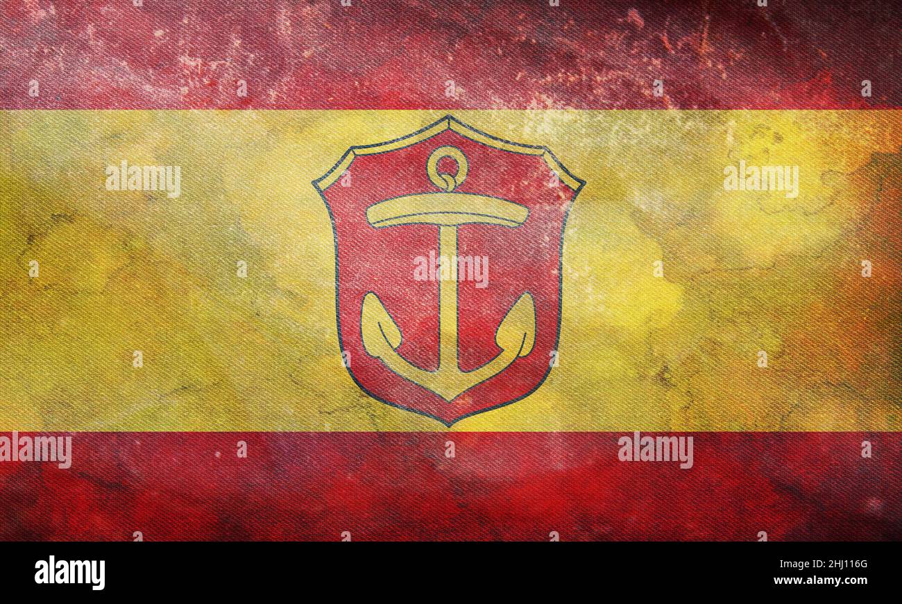 Vista dall'alto della bandiera retrò di Ludwigshafen am Rhein con grana grunge. Repubblica federale di Germania. Nessun flagpole. Progettazione di piani, layout, sfondo flag Foto Stock