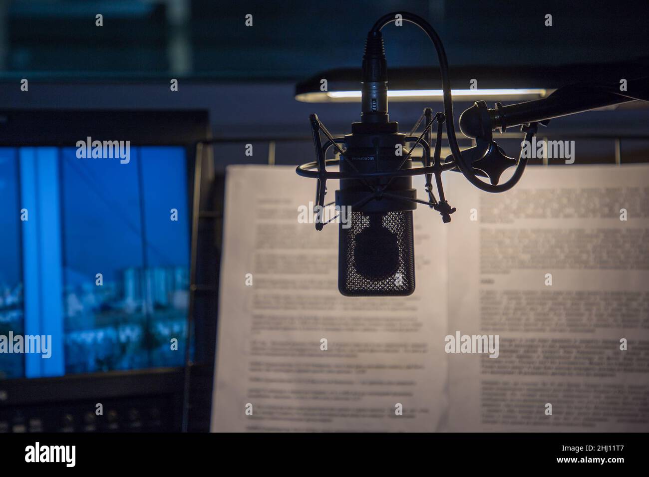 Microfono a condensatore professionale all'interno di uno studio di registrazione. Foto Stock