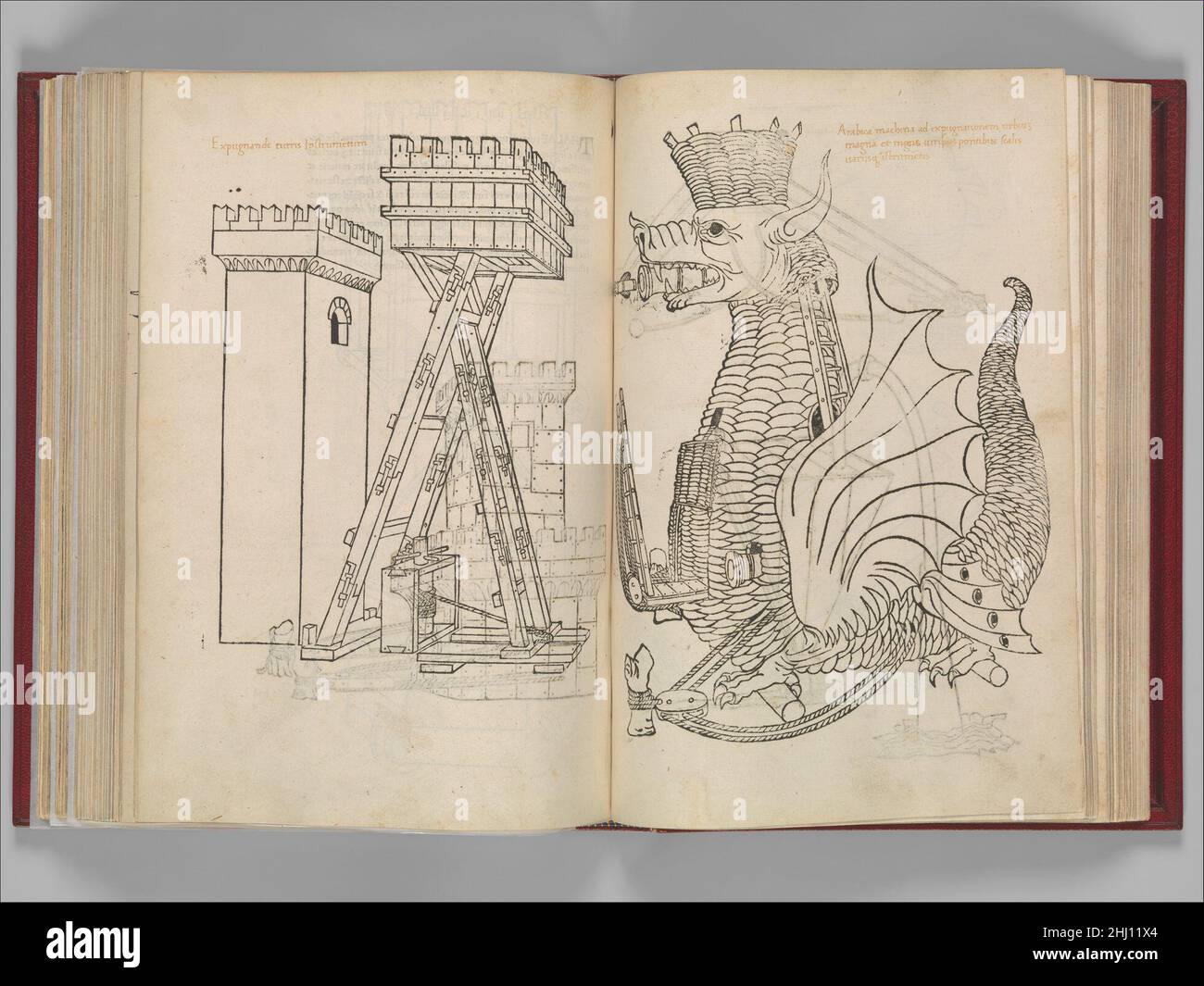 De Re Militari (sulle arti militari) 1472 Roberto Valturio Italiano quando questo trattato militare fu completato intorno al 1460, il patrono, Sigismondo Pandolfo Malatesta, distribuì una serie di copie manoscritte a governanti come Luigi XI, Francesco Sforza e Lorenzo de' Medici. Ventidue copie scritte a mano sopravvivono. Nel 1472, il libro apparve in stampa in questa edizione latina, seguita nel 1483 da una versione italiana. La novità della pubblicazione si trova meno nelle macchine raffigurate che nel fatto che le immagini delle macchine hanno raggiunto una distribuzione così ampia. Leonardo da Vinci conosceva Foto Stock