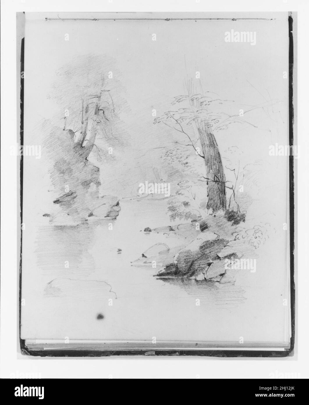 Paesaggio con alberi Framing a Stream (da Sketchbook) ca. 1838 e dopo Francis William Edmonds American, l’esecuzione di schizzi e studi è stata una parte cruciale del processo creativo di Edmonds. Molti dei suoi disegni esistono come opere indipendenti--apparentemente mai prese ulteriormente--ma molti altri rappresentano un punto iniziale nella sua concezione per i dipinti. Questo libro di schizzo, che ha iniziato circa 1838, include entrambi i tipi di disegni di una varietà di soggetti. Paesaggio con alberi Framing a Stream (da Sketchbook) 14868 Foto Stock