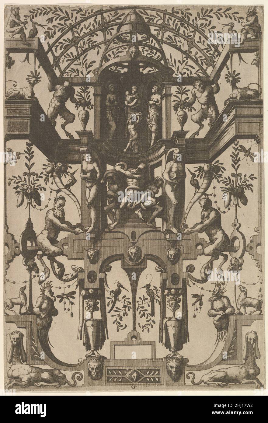 Decorazione di superficie, grottesche con Strapwork, compreso il doppio Niche della parete, alla parte superiore le virtù cristiane fede, speranza e carità, al centro il Laocoon da Veelderleij Veranderinghe van grottissen ende Compertimenten...Libro primo 1556 Johannes van Doetecum i Netherlandish. Decorazione di superficie, grottesca con le tele, compreso il doppio muro Niche, in cima le virtù cristiane fede, speranza e carità, al centro il Laocoon da Veelderleij Veranderinghe van grottissen ende Compertimenten...Libro primo 408530 Foto Stock