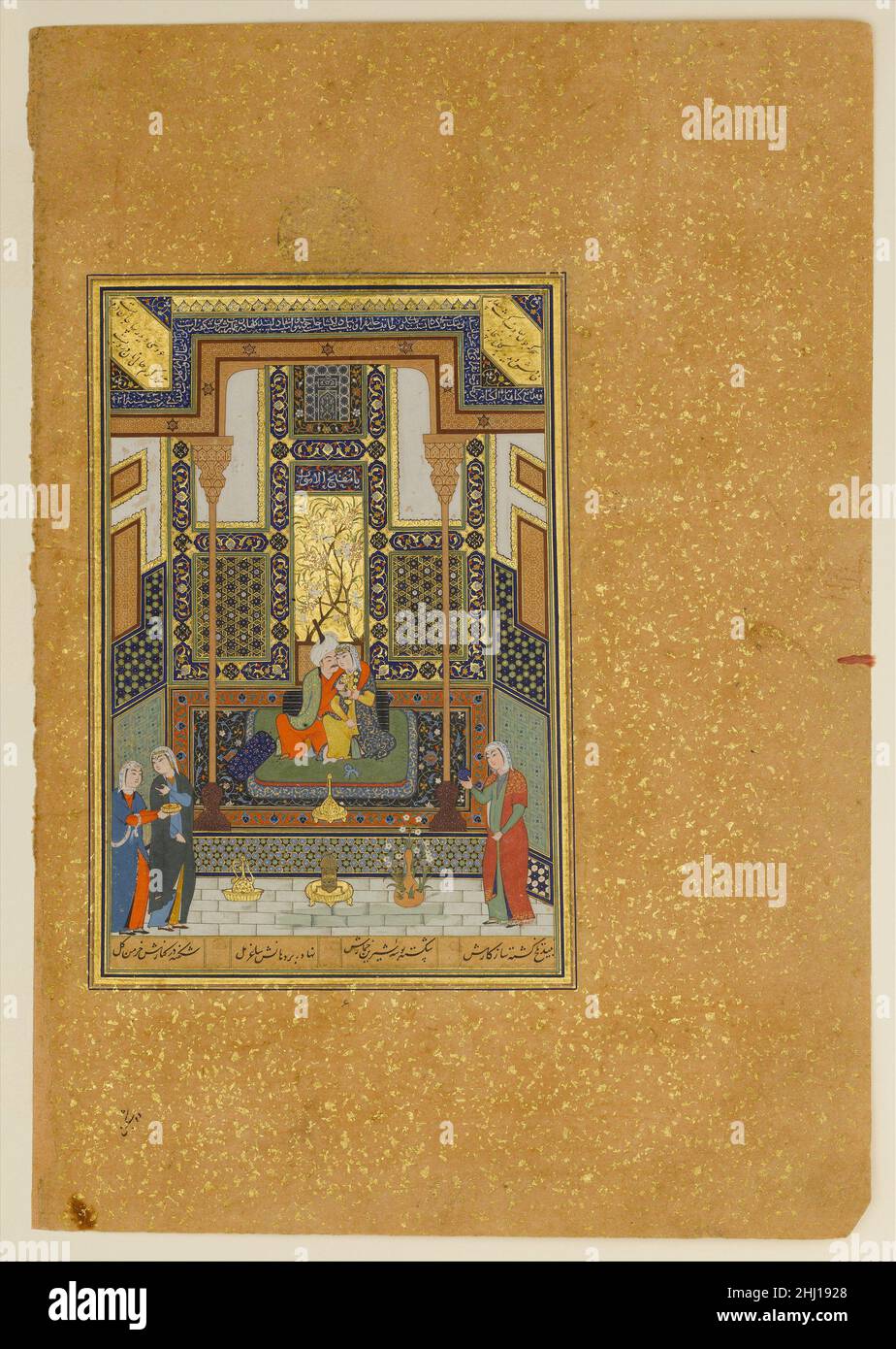 'Carriage of Khusrau and Shirin', Folio 104 da un Khamsa (Quintetto) di Nizami di Ganja datato A.H. 931/d.C. 1524–25 Nizami il secondo poema di Khamsa di Nizami (Quintetto) è un racconto epico romantico riguardante l’ultimo grande regnante sasaniano, Khusrau II, e la sua amata principessa armena, Shirin. Mentre la loro Unione è ritardata da molte prove, tribolazioni e matrimoni intervenenti, alla fine i due sono felicemente sposati. Questo dipinto raffigura il loro matrimonio, posto all'interno di una composizione architettonica cristallina. Grande cura è prestata ai dettagli dell'edificio, suggerendo che l'artista può avere intenzione Foto Stock