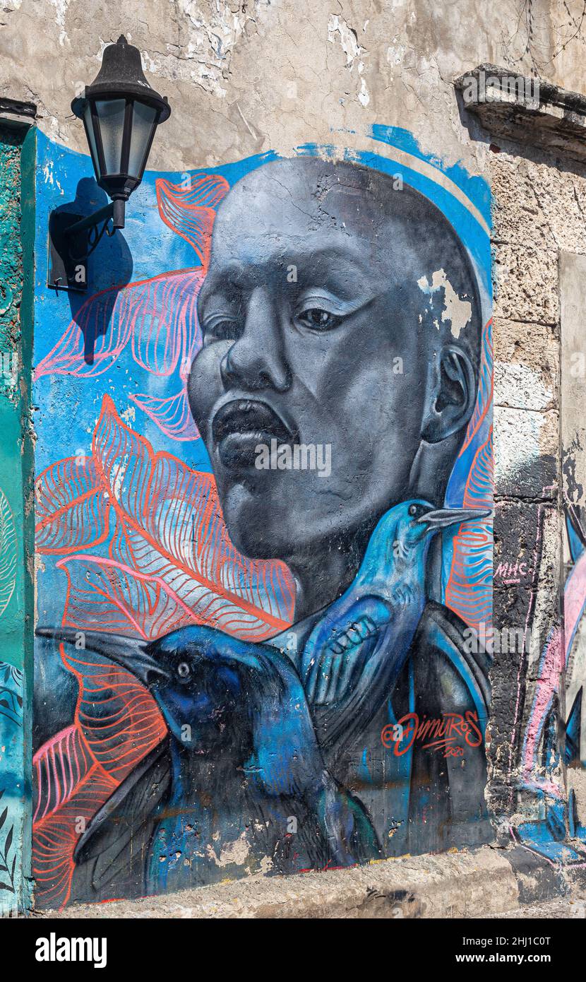 Testa di Graffiti di uomo nero in barrio Getsemani, Cartagena de Indias, Colombia. Foto Stock