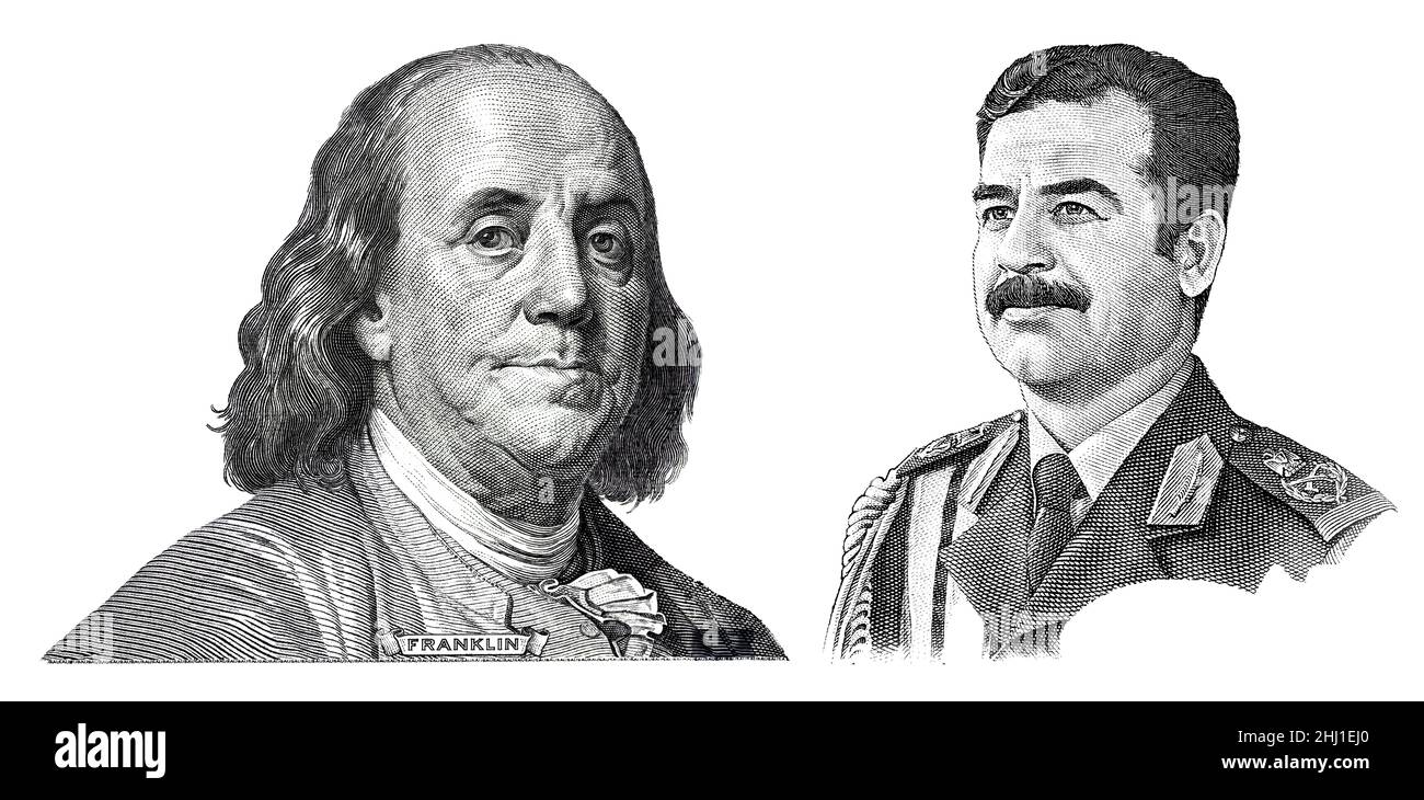 Benjamin Franklin ha tagliato la nuova banconota da 100 dollari e Saddam Hussein ha tagliato la banconota da 25 dinari iracheni a scopo di progettazione Foto Stock