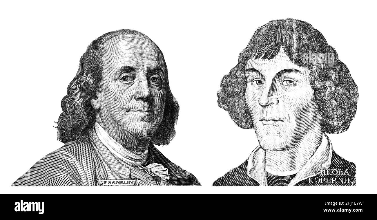 Benjamin Franklin ha tagliato la nuova banconota da 100 dollari e Nicolaus Copernicus ha tagliato 1000 zloty polacca per motivi di design Foto Stock