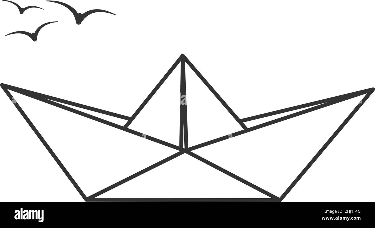 barca di carta e gabbiani, disegno vettoriale di contorno isolato su sfondo bianco Illustrazione Vettoriale
