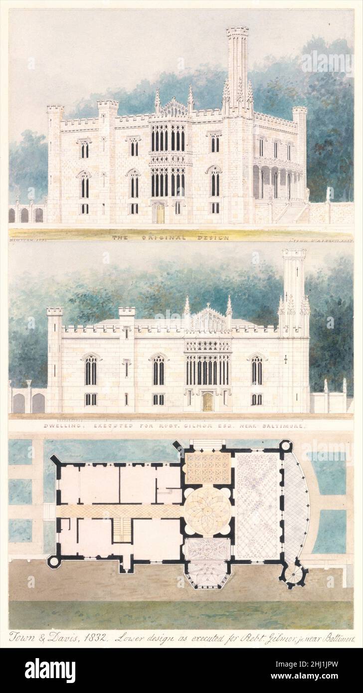 Glen Ellen per Robert Gilmor, Towson, Maryland (prospettiva, elevazione, E piano) 1832 Alexander Jackson Davis American anche se Benjamin Latrobe's Sedgeley (1799), una casa classica con alcuni dettagli gotici esterni, è a volte citata come la prima villa gotica Revival negli Stati Uniti, Glen Ellen è stata la prima vera e pittoresca casa gotica americana. Il suo design si ispira a due seminali modelli di rinascita gotica inglese: Strawberry Hill di Horace Walpole (1749–76) e Abbotsford di Sir Walter Scott (1812–15; 1819). Queste due case deliziò Robert Gilmor durante un tour che fece di en Foto Stock