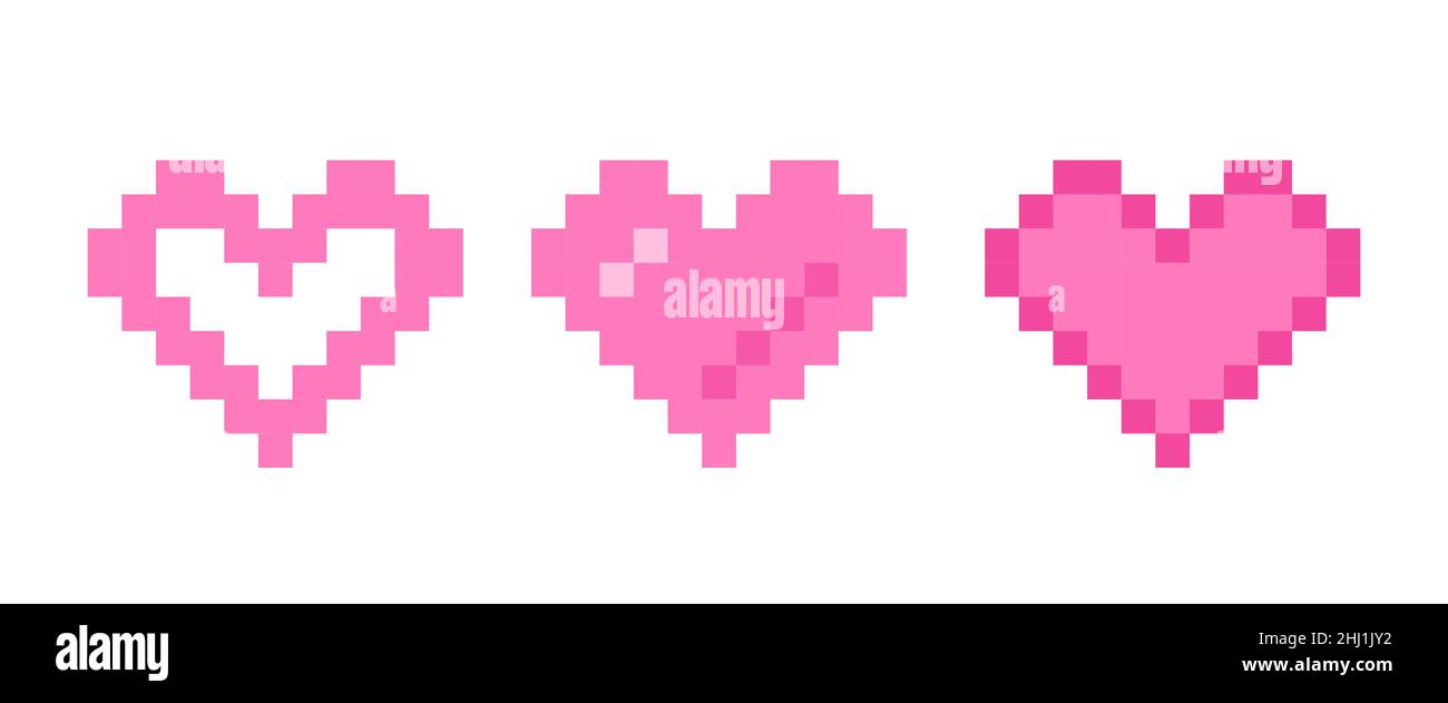 Icone vettoriali del cuore in stile pixel art. Illustrazione vettoriale dei cuori rosa in pixel art per il giorno di San Valentino. Illustrazione Vettoriale