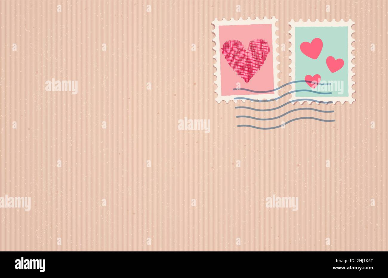 Illustrazione vettoriale di una vecchia carta artigianale con timbro postale in stile vintage per il giorno di San Valentino. Retro timbro post su vecchia tessitura di cartone con cuori. Illustrazione Vettoriale