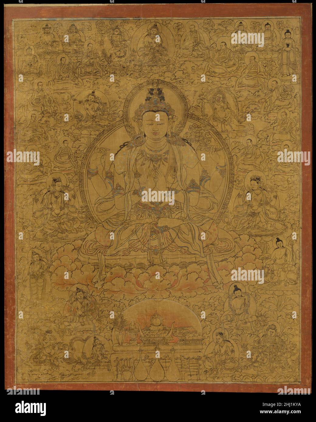Avalokiteshvara come Shadakshari-Lokeshvara fine 15th secolo Tibet questo dipinto rappresenta la “forma a sei sillabe” di Avalokiteshvara, evocando il mantra om mani padme hum. Intorno a lui ci sono bodhisattvas, una serie di protettori, e un lignaggio di monaci. Questa manifestazione di Avalokiteshvara è particolarmente associata al Dalai lama, che è inteso come un'incarnazione di questa forma. Sadaksari-Lokeshvara è convenzionalmente bianco, anche se qui è rappresentato tutto l'oro, il più radiante dei colori.. Avalokiteshvara come Shadakshari-Lokeshvara 37800 Foto Stock
