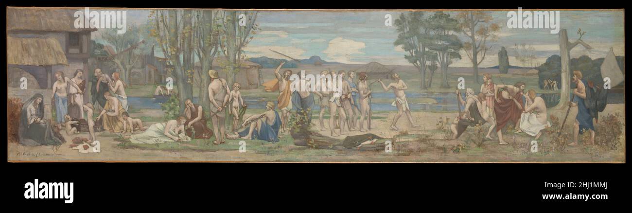 Ludus pro patria (Giochi patriottici) ca. 1883–89 Pierre Puvis de Chavannes l'evocazione dell'antica Francia da parte di Puvis francese mostra giovani atleti che si allenano con i pikes (piques in francese), l'arma tradizionale della regione della Piccardia e presumibilmente l'origine del nome della provincia. Un uomo ha gettato la lancia nell'aria e si prepara a catturarla, un raro momento di spontaneità nell'euvre di Puvis. Questo lavoro è una replica, di dimensioni ridotte, di un murale che il pittore ha completato nel 1882 e installato nel 1888 nel Musée de Picardie di Amiens. La mostra e la vendita di tali 'reduzioni' contribuirono a pubblicizzare l'arte Foto Stock