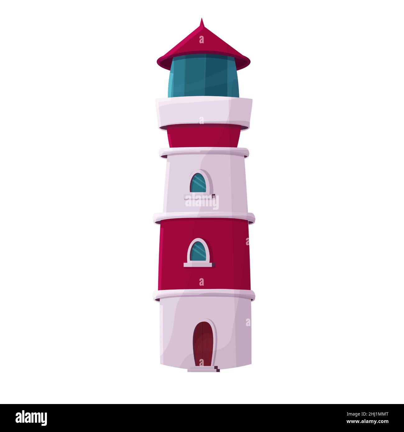 Edificio faro, torre sul mare in colori bianco e rosso in stile cartoon isolato su sfondo bianco. Cartello di navigazione. Illustrazione vettoriale Illustrazione Vettoriale