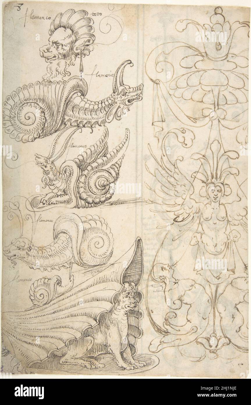 Creature grottesche fiamminghe e un candelabro grottesco (recto); candelabro grottesques con maschera (verso) ca. 1545–60 attribuito ad Andrés de Melgar spagnolo. Creature grottesche fiamminghe e una grottesca di Candelabra (recto); Grotesques di Candelabra con maschera (verso) 337565 Foto Stock