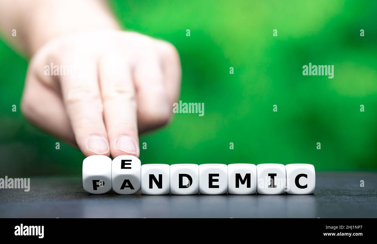 Simbolo per un passaggio da pandemia a endemica. La mano gira i dadi e cambia la parola pandemica in endemica. Foto Stock