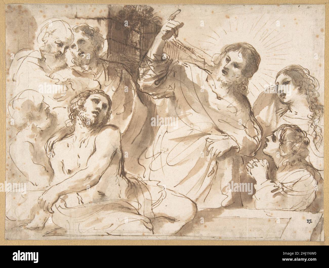 L'innalzamento di Lazarus ca. 1619 Guercino (Giovanni Francesco Barbieri) italiano questo disegno è stato identificato da Sir Denis Mahon come uno degli studi preparatori di Guercino per la salita di Lazaro (Parigi, Louvre inv. 1139), un dipinto datato ca. 1619. Un altro studio di composizione legato ad una pittura di questo soggetto, con numerose differenze di disegno rispetto al disegno del Museo e alla pittura finita, si trova nel Museo dei Teylers, Haarlem (inv. H 45: Vedi Tuyll Van Seroskerken 1991, Cat. n. 5). Il profilo delle forme e l'uso del lavaggio sono estremamente descrittivi, come è tipico dei compos Foto Stock
