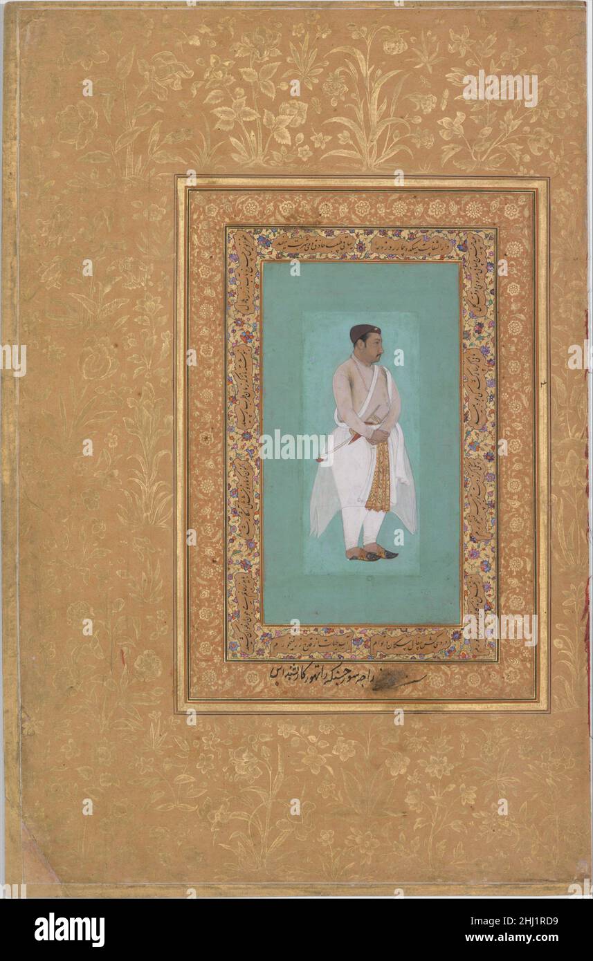 Recto: 'Ritratto di Raja Suraj Singh Rathor', verso: Pagina di Calligraphy. Folio dal Shah Jahan Album recto: Fine 16th secolo; verso: CA. 1640 Pittura di Bishan Das verso: Questo pannello di calligrafia si conforma strettamente al tipo probabilmente stabilito dal celebrato calligrafo Sultan 'Ali circa quaranta o cinquanta anni prima. L'illuminazione di confine è firmata dall'artista Daulat, che ha eseguito dipinti e marginalia per tre generazioni di imperatori Mughal, da Akbar a Shah Jahan. Mir 'Ali fu sia il calligrafo che autore delle linee scritte qui:uno con l'occhio di gazelleshunte Foto Stock