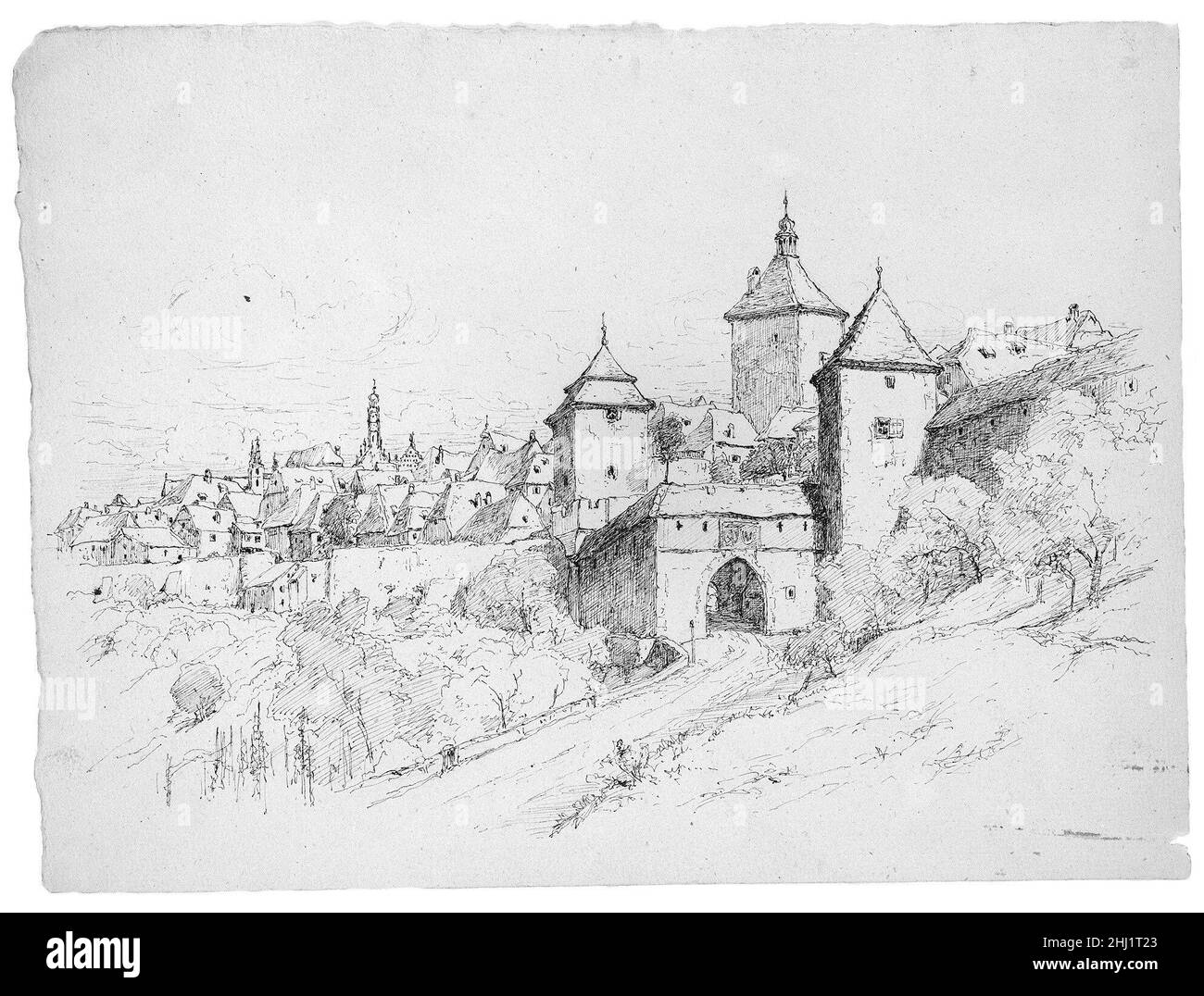 Schizzo di una città in Germania Andrew Fisher Bunner. Schizzo di una città in Germania. Andrew Fisher Bunner (1841-1897). Americano. Tracce di inchiostro nero e grafite su carta bianca Foto Stock