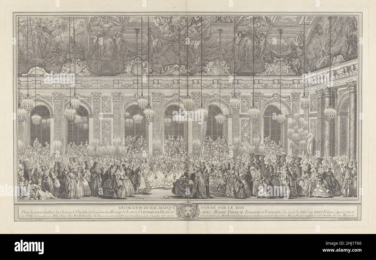 Decorazione per una palla mascherata a Versailles, in occasione del matrimonio di Luigi, Delfino di Francia, e Maria Teresa, Infanta di Spagna (Bal masqué donné par le roi, dans la grande galerie de Versailles, pour le mariage de Dauphin, 1745) 1764, ristampato ca. 1860 Charles Nicolas Cochin i francese nel 1745, il matrimonio del figlio di Luigi XV fu celebrato con una palla mascherata tenuta alla Château reale di Versailles. L'evento fu poi soprannominato la palla dell'albero di Yew perché il re e i suoi assistenti erano arrivati vestiti come alberi di tasso topiario. L'incisione di Cochin che ricorda la celebrazione mostra m Foto Stock