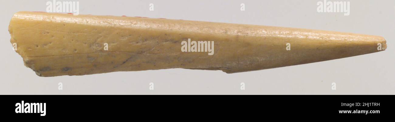 Attrezzo 5th–3rd millennio a.C. (?) Iran questo strumento osseo, forse un punteruolo, è stato scavato nel 1937 in un sito preistorico nelle vicinanze di Nishapur, nel nord-est dell'Iran. Mentre lo stesso Nishapur fu fondato dal re Sasaniano Shapur i (regnò ca. 241-272), questo strumento dimostra che l'abitazione umana risale al periodo preistorico. Inoltre, la ceramica preistorica di Nishapur ha strette affinità con i materiali ceramici provenienti dall'Asia centrale piuttosto che con i siti contemporanei in Iran, il che significa che in questo periodo i suoi abitanti erano probabilmente culturalmente legati ai loro vicini ad est Foto Stock