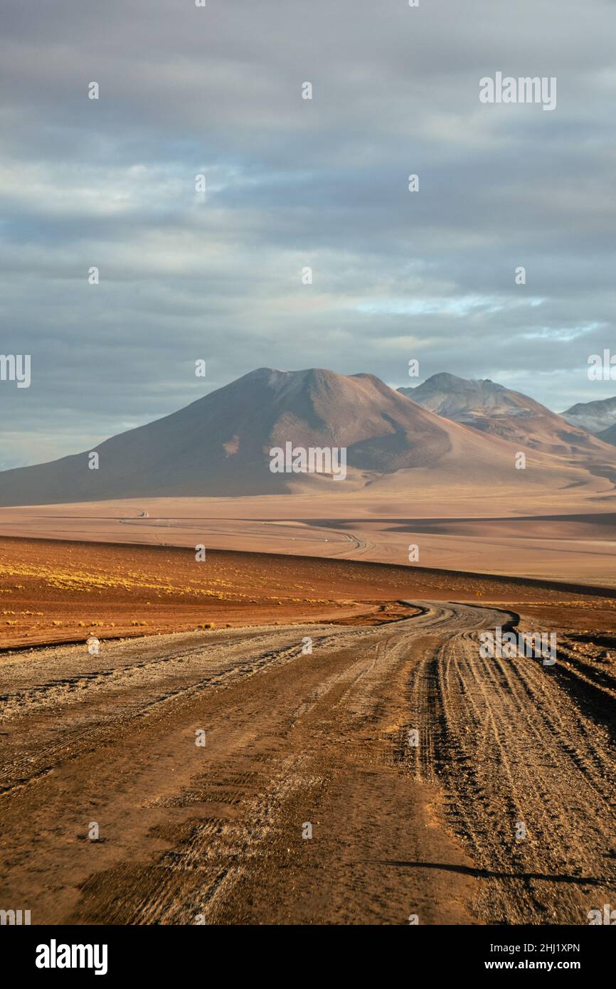 Una vista all'alba lungo la B-245, la strada principale tra San Pedro de Atacama e i geyser El Tatio Foto Stock