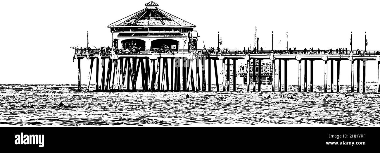 Illustrazione vettoriale del molo di Huntington Beach in nero su sfondo bianco Illustrazione Vettoriale