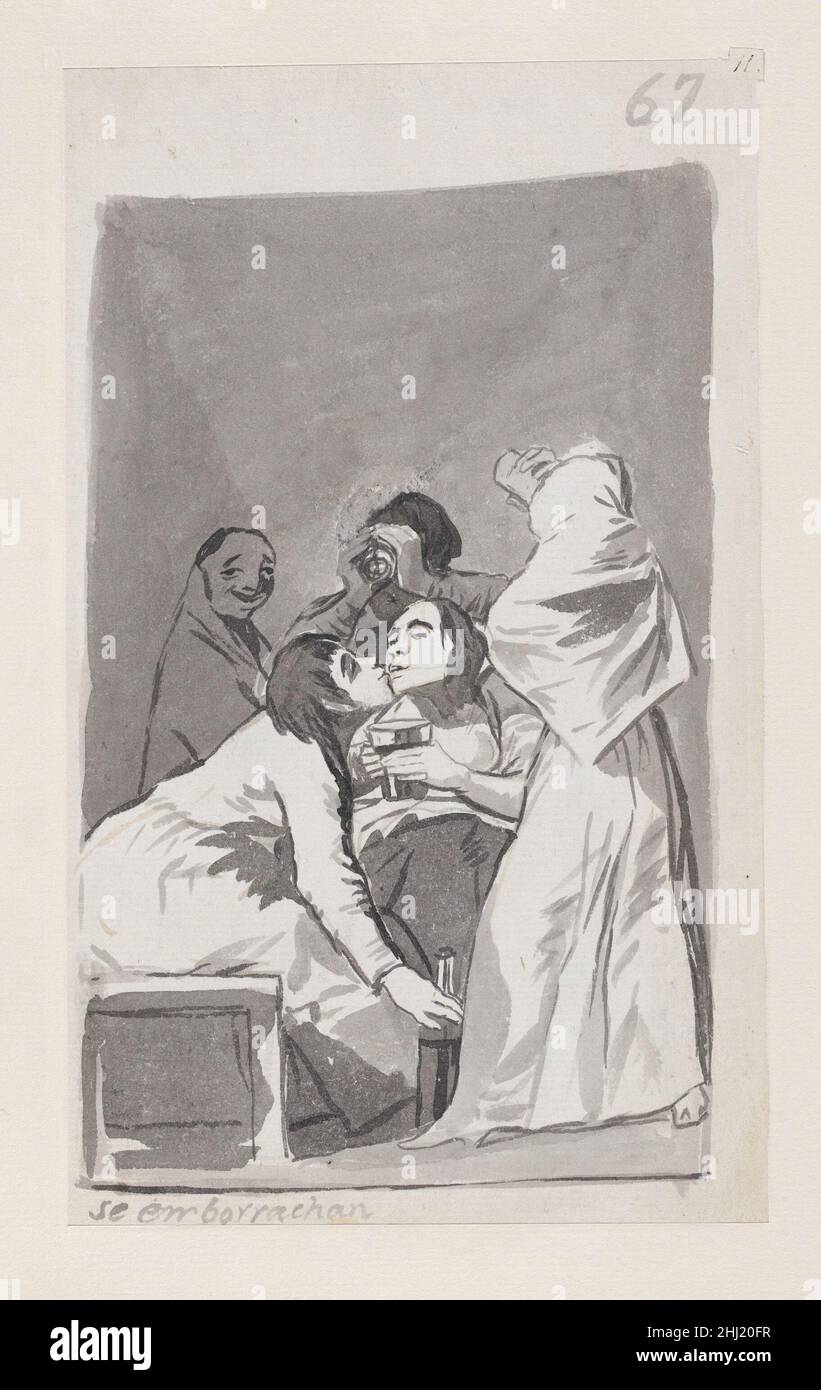 Si ubriacano; folio 67 (recto) dall'album di Madrid 'B' 1796–98 Goya (Francisco de Goya y Lucientes) Spagnola tre donne debauched sono mostrate bere vino, mentre un quarto raggiunge per la bottiglia e, in un gesto ubriaco, porta il volto vicino alla figura centrale, magari condividendo una battuta o un'intimità. Il disegno sull'altro lato della pagina (35.103.10) ha fornito la base per la piastra 33 del Caprichos. L'iscrizione annuncia il suo soggetto come inganno, e il disegno mostra un dentista quack che tira i denti. La quackery è stato un tale problema a Madrid durante il 1790s che misura wer Foto Stock