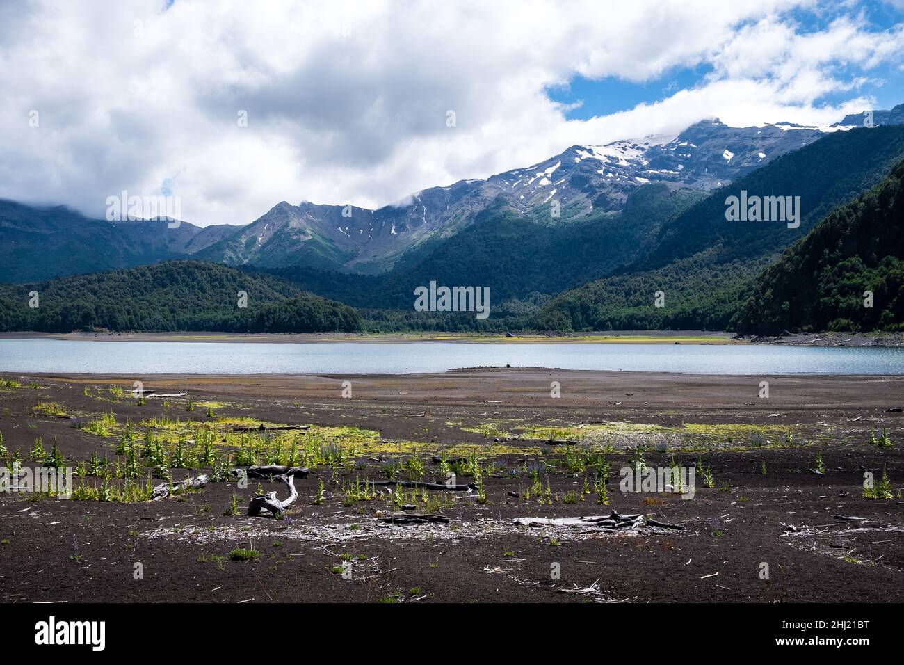 Una vista da Playa Linda al vulcano della Sierra Nevada, al Parco Nazionale di Conguillío, Cile Foto Stock