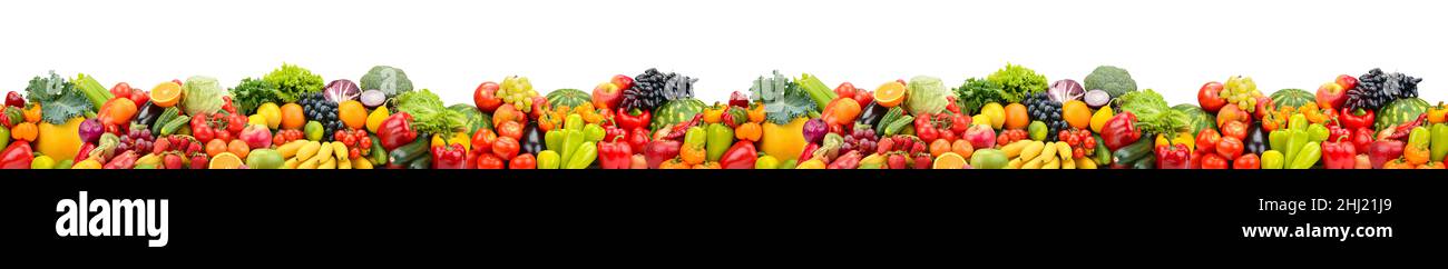 Ampio disegno orizzontale senza giunture di frutta e verdura isolato su sfondo bianco. Foto Stock
