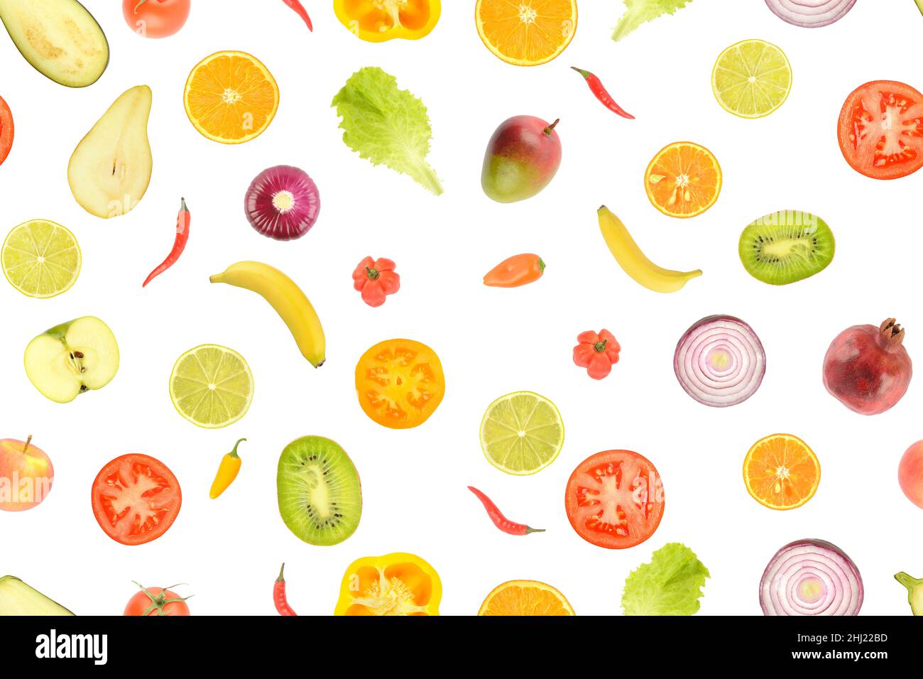 Modello senza giunture di verdure e frutta succose utili per la salute isolato su sfondo bianco. Foto Stock