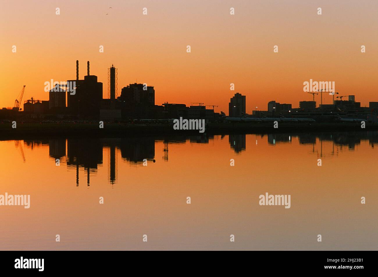 Royal Albert Dock, London Docklands, South East England, al tramonto, guardando a sud verso l'aeroporto di London City e il complesso industriale Tate & Lyle Foto Stock