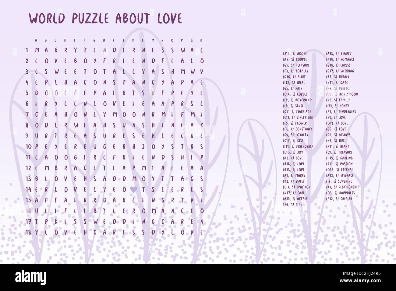 Valentines giorno parola puzzle crossword - trova le parole elencate sull'amore nel puzzle di lavoro cervello. Attenzione test, gioco indovinello in inglese. Le parole sono situate in avanti e in basso Illustrazione Vettoriale