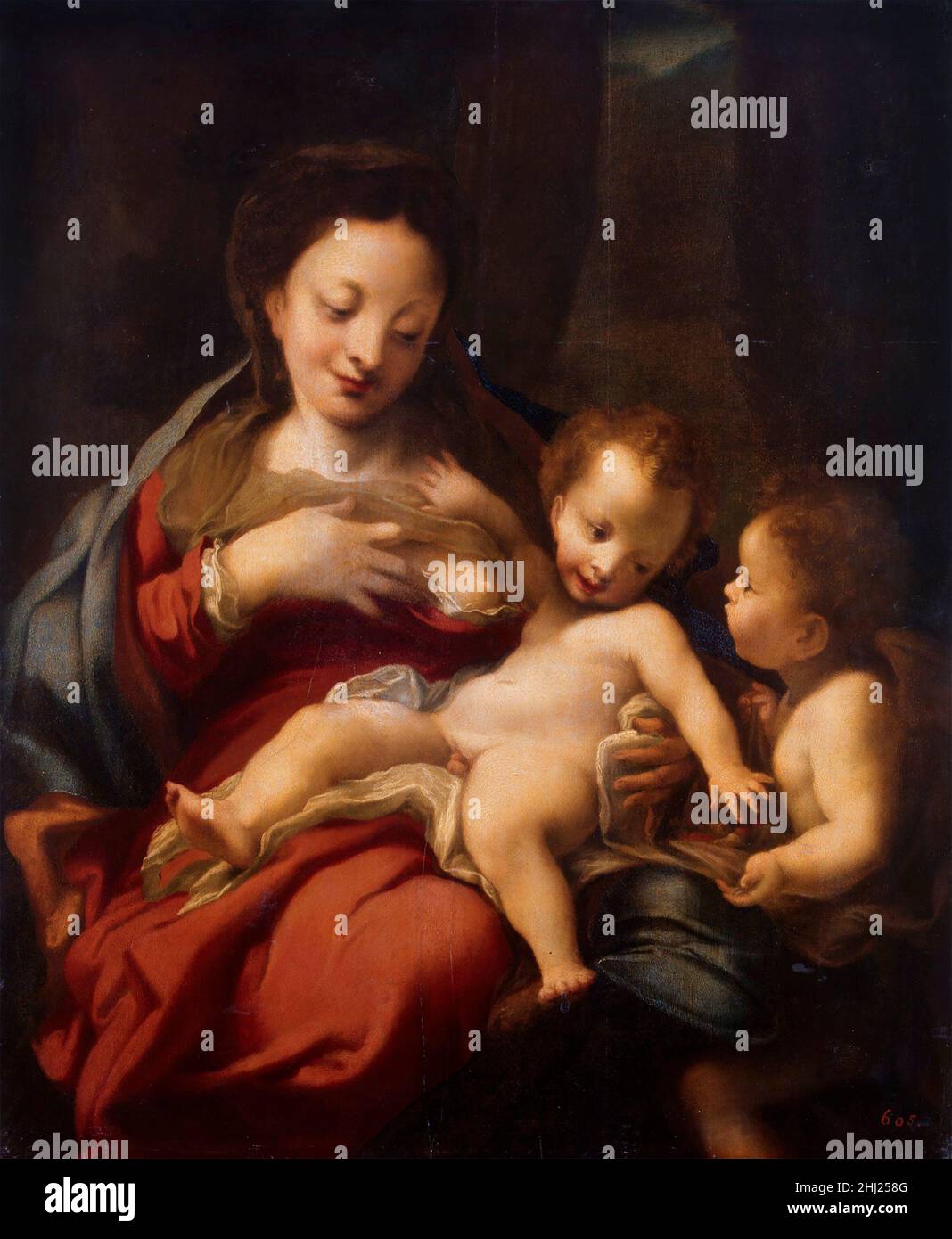 Madonna col Bambino e Angelo (copia) di Correggio (Antonio Allegri da Correggio, 1489-1534), olio su pannello di cipresso Foto Stock
