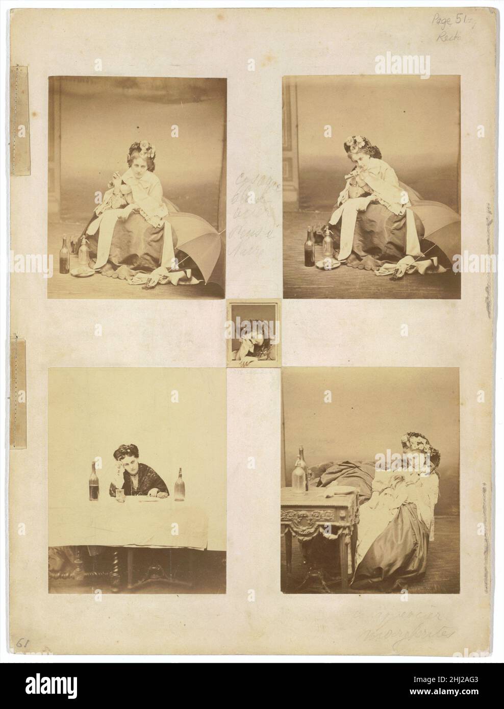 [Pagina dell'album con dieci fotografie di la Comtesse montato recto e verso] 1861–67 Pierre-Louis Pierson Francese le fotografie esposte dalla contessa in questa pagina illustrano diversi stadi in una giornata intensa. Mezzogiorno (in alto a sinistra) la mostra in vestiti di strada, pronto a prendere parte a un pic-nic paese. In Ernani (in alto a destra), un riferimento all'opera di Verdi, soffia un piccolo corno da caccia. Le scene della vita notturna la mostrano godendosi in una stanza riservata di un grande ristorante sul viale o seduta forlorn nella stanza posteriore di una brasserie o sala da ballo. La fotografia al centro può essere stata ispirata da Foto Stock