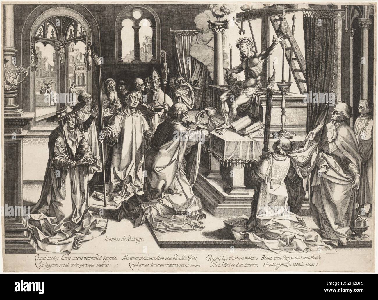 Messa di San Gregorio incisa da Simon Wynhoutsz Frisius Netherlandish. Messa di San Gregorio 382562 artista: Inciso da Simon Wynhoutsz Frisius, Netherlandish, Harlingen ca. 1580?ca. 1628 l'Aia, artista: Dopo Jan Gossart (chiamato Mabuse), Netherlandish, Maubeuge ca. 1478?1532 Anversa (?), Messa di San Gregorio, incisione, piastra: 15 7/16 x 21 1/4 poll. (39,2 x 54 cm). Il Metropolitan Museum of Art, New York. The Elisha Whittelsey Collection, The Elisha Whittelsey Fund, 1972 (1972,599) Foto Stock