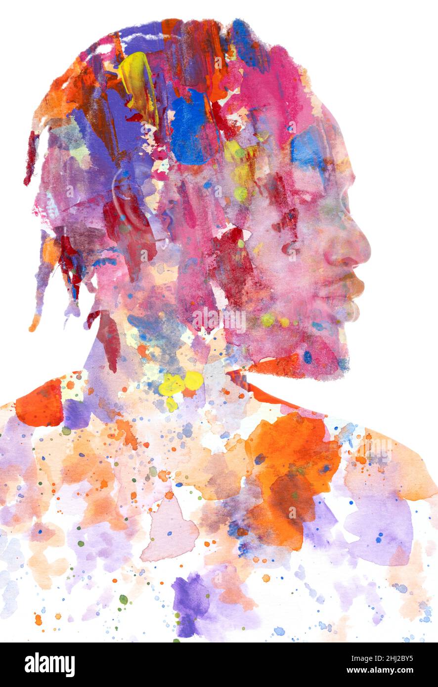 Un ritratto di un uomo combinato con vari tratti di inchiostro. Pittura. Foto Stock
