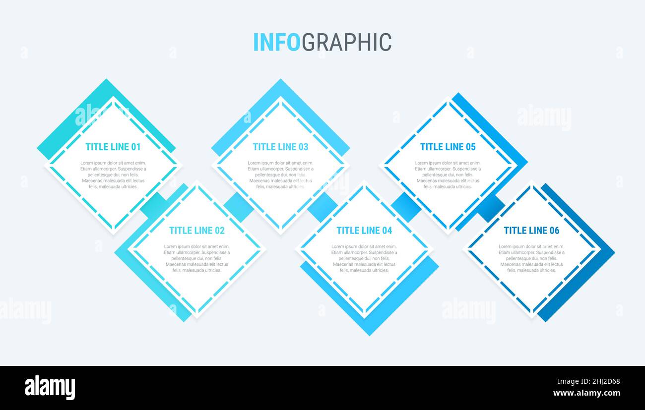 Diagramma blu, modello infografico. Timeline con 6 opzioni. Processo del flusso di lavoro quadrato per le aziende. Disegno vettoriale. Illustrazione Vettoriale