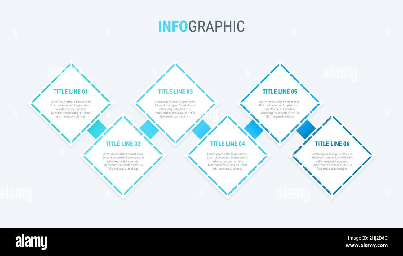 Modello infografico blu. 6 gradini quadrati. Elementi della timeline vettoriale per le presentazioni. Illustrazione Vettoriale