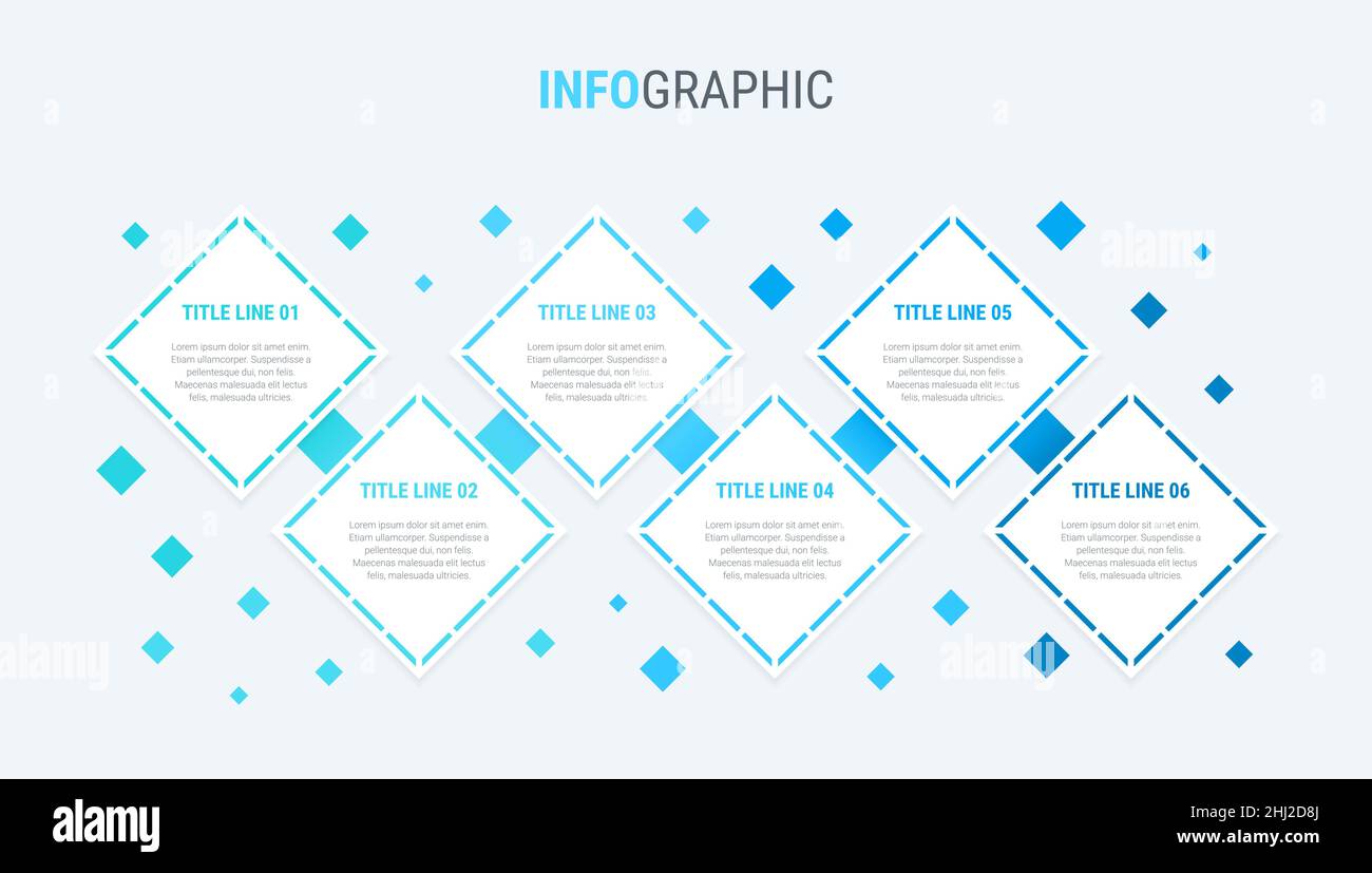 Modello infografico blu. 6 opzioni di design quadrato. Elementi della timeline vettoriale per le presentazioni. Illustrazione Vettoriale